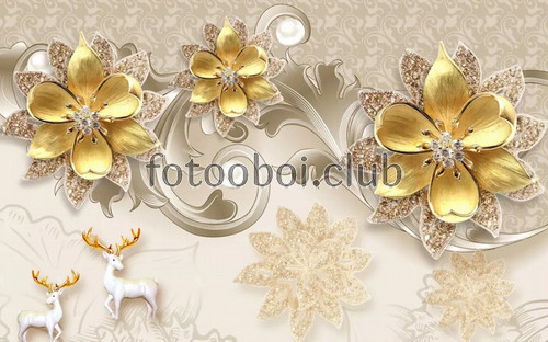 цветы, узор, олени, стразы, бриллианты, 3д, 3d, абстракция
